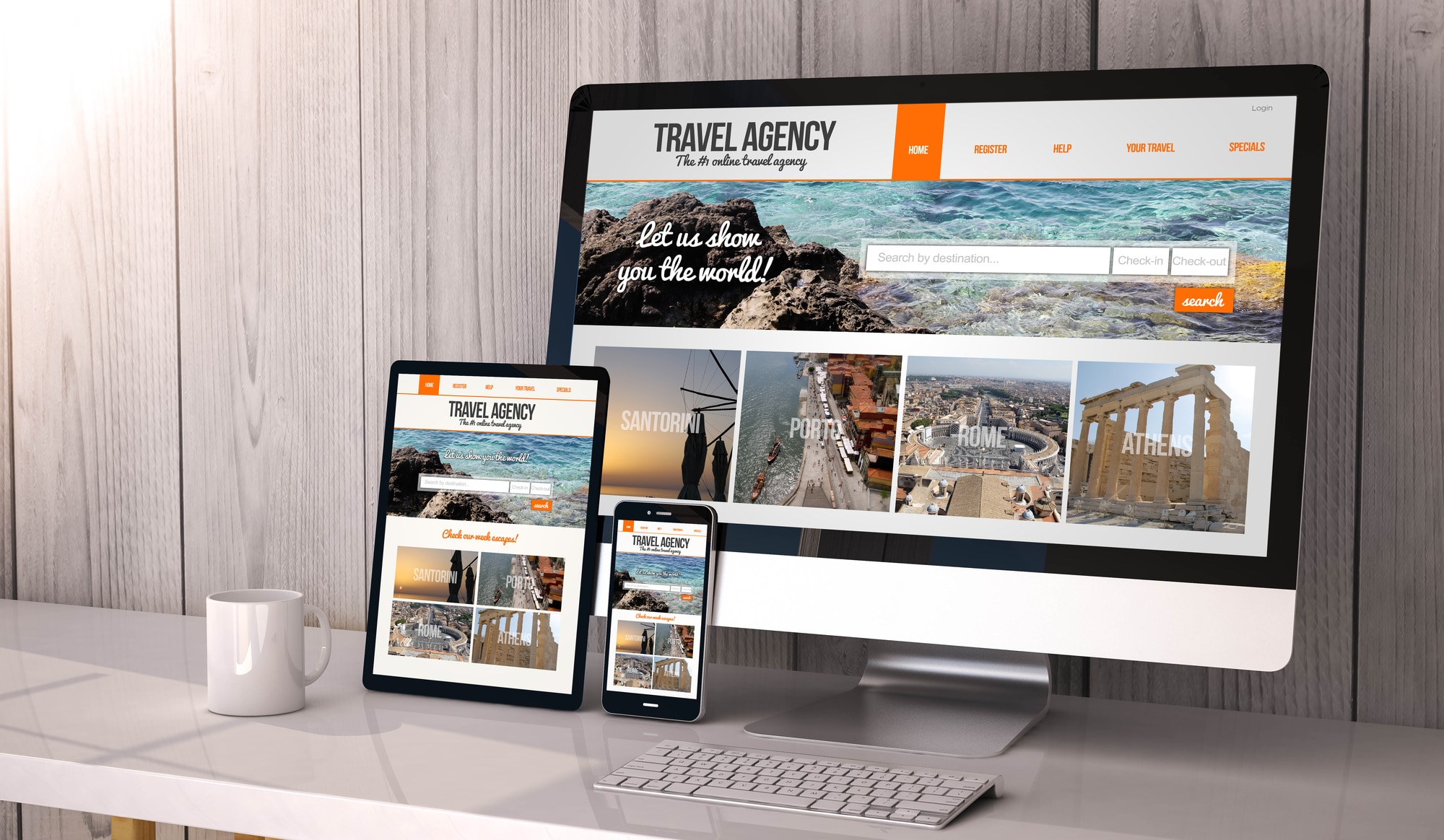 travel agency website on computer tablet and mobile phone